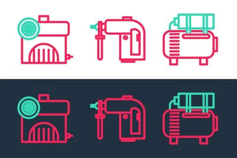 Set line Air compressor, and Rotary hammer drill machine icon. Vector Ilustração Stock