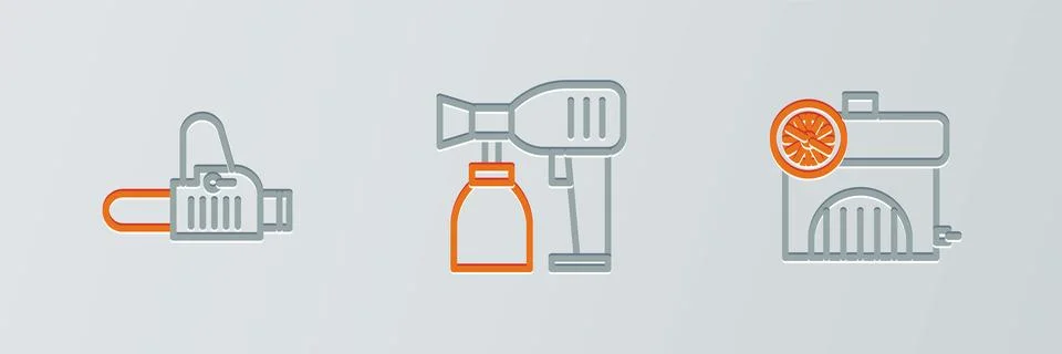 Set line Air compressor, Chainsaw and Paint spray gun icon. Vector Stock Illustration