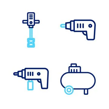 Set line Air compressor, Electric drill machine, cordless screwdriver and Ilustração Stock