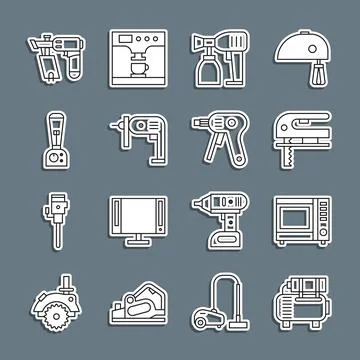 Set line Air compressor, Microwave oven, Electric jigsaw, Paint spray gun, drill Stock Illustration