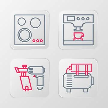 Set line Air compressor, Nail gun, Coffee machine and cup and Gas stove icon Stock Illustration