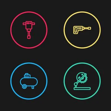 Set line Air compressor, Table saw for woodwork, Rotary hammer drill machine and Ilustração Stock