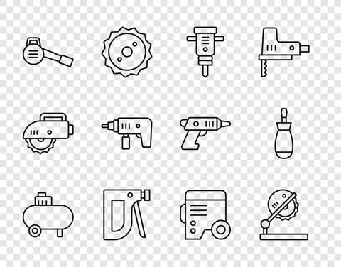 Set line Air compressor, Table saw for woodwork, Construction jackhammer Stock Illustration