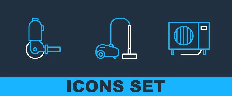 Set line Air conditioner, Angle grinder and Vacuum cleaner icon. Vector Stock Illustration