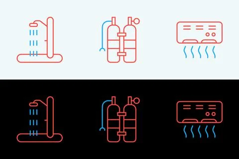 Set line Air conditioner, Beach shower and Aqualung icon. Vector Stock Illustration