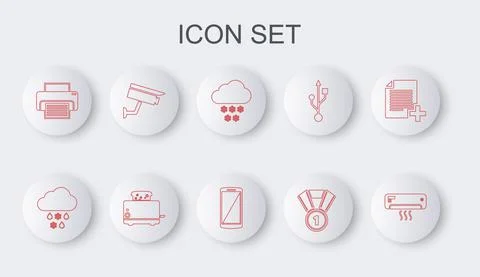 Set line Air conditioner, Cloud with snow and rain, Medal, Printer, Security Stock Illustration
