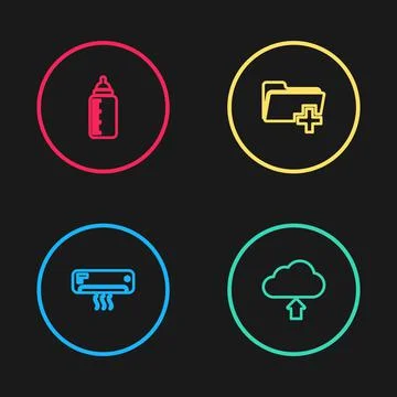 Set line Air conditioner, Cloud upload, Add new folder and Baby bottle icon.  Illustrazione stock