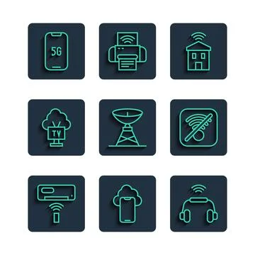 Set line Air conditioner, Cloud technology data, Smart headphones system, home Illustrazione stock