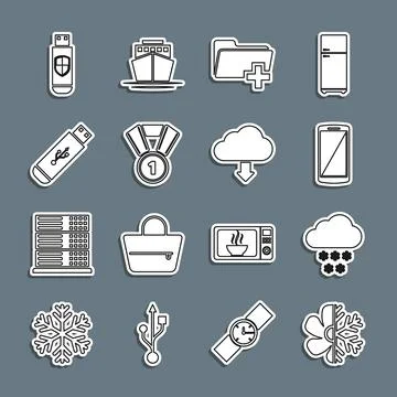 Set line Air conditioner, Cloud with snow, Smartphone, mobile phone, Add ne.. Stock Illustration