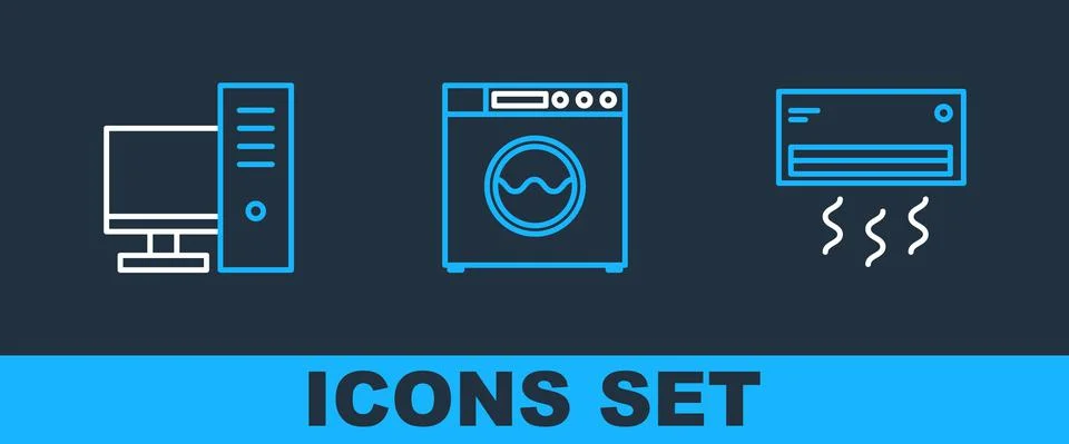 Set line Air conditioner, Computer monitor and Washer icon. Vector Illustrazione stock