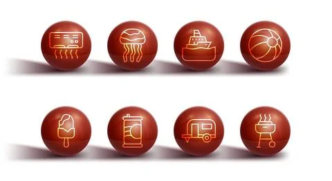 Set line Air conditioner, Ice cream, Beach ball, Rv Camping trailer, Soda can Stock Illustration