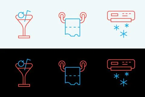 Set line Air conditioner, Martini glass and Toilet paper roll icon. Vector Stock Illustration