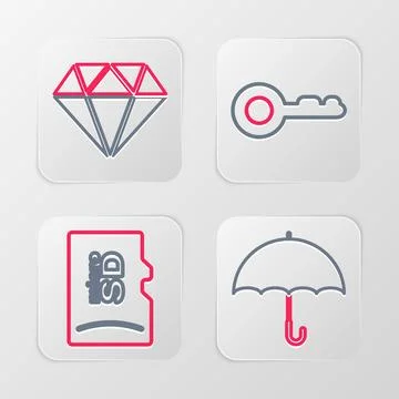 Set line Air conditioner, Micro SD memory card, Diamond and Umbrella icon. .. Stock Illustration