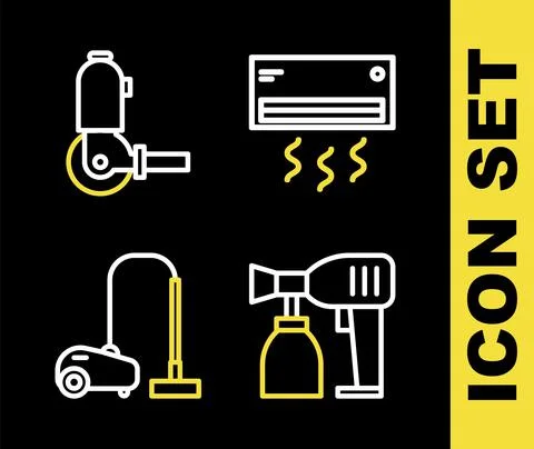 Set line Air conditioner, Paint spray gun, Vacuum cleaner and Angle grinder icon 库存插图