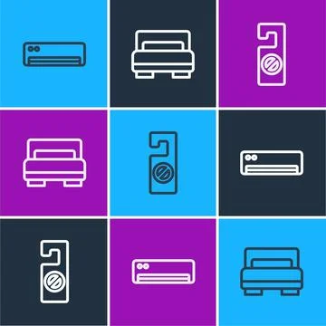 Set line Air conditioner, Please do not disturb and Hotel room bed icon. Vector Illustrazione stock