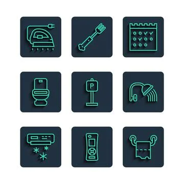 Set line Air conditioner, Remote control, Toilet paper roll, Hotel booking Stock Illustration