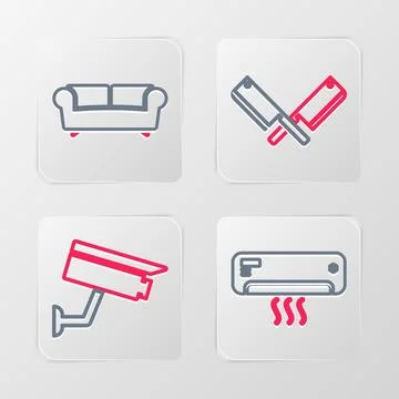 Set line Air conditioner, Security camera, Crossed meat chopper and Sofa ic.. イラスト素材