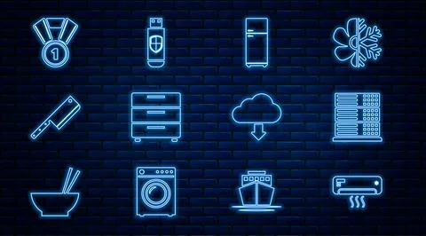 Set line Air conditioner, Server, Data, Web Hosting, Refrigerator, Furniture Stock Illustration