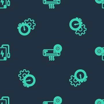 Set line Air conditioner setting, Time management and Power bank on seamless Stock Illustration