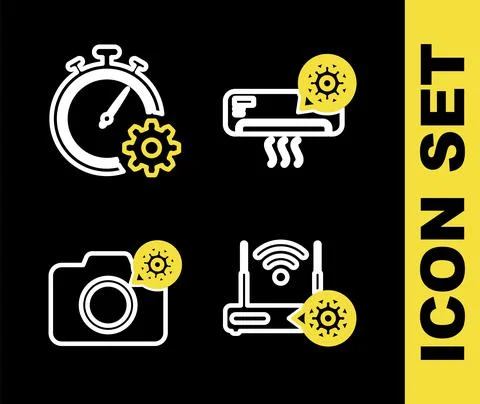 Set line Air conditioner setting, Router and wi-fi, Photo camera and Time 스톡 일러스트
