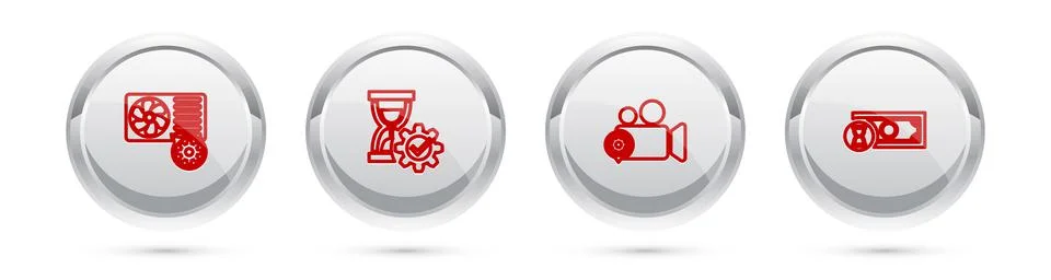 Set line Air conditioner setting, Hourglass, Video camera and Fast payments.  Illustrazione stock