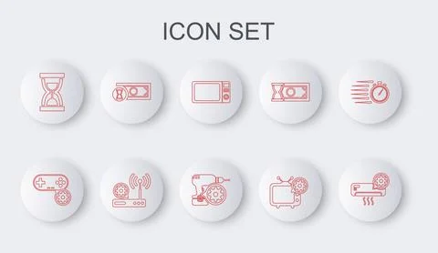 Set line Air conditioner setting, Gamepad, Microwave oven, Tv, Old hourglass  Stock Illustration