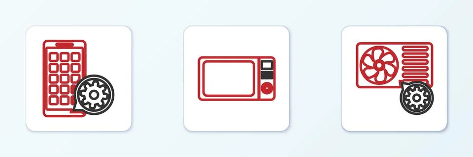 Set line Air conditioner setting, Mobile Apps and Microwave oven icon. Vector Stock Illustration