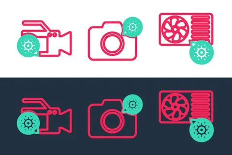 Set line Air conditioner setting, Video camera and Photo icon. Vector Stock Illustration