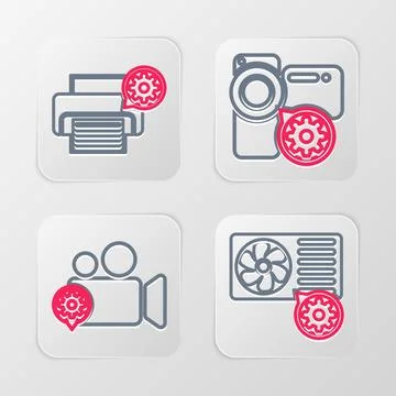 Set line Air conditioner setting, Video camera, and Printer icon. Vector Stockillustratie