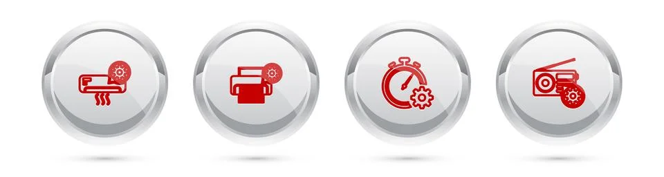 Set line Air conditioner setting, Printer, Time management and Radio. Silver  Stock Illustration