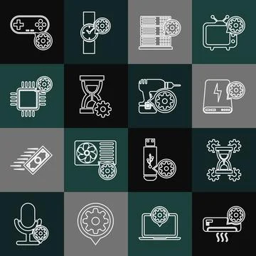 Set line Air conditioner setting, Hourglass, Power bank, Server, Processor,.. Stock Illustration