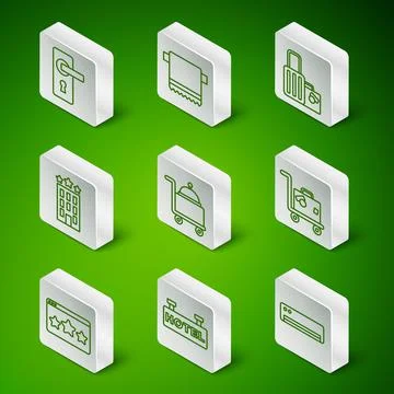 Set line Air conditioner, Signboard with text Hotel, Door handle, Covered tray Illustration