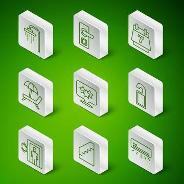 Set line Air conditioner, Stairs, Shower, Stars rating, Sunbed with umbrella Stock Illustration