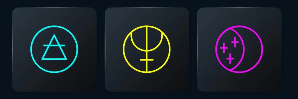 Set line Air element, Eclipse of the sun and Neptune planet. Black square b.. 스톡 일러스트