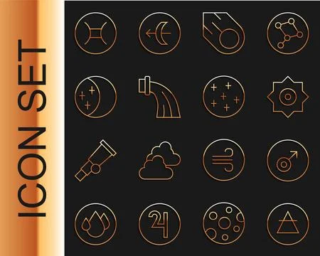 Set line Air element, Mars symbol, Falling star, Comet, Aquarius zodiac, Eclipse Ilustração Stock