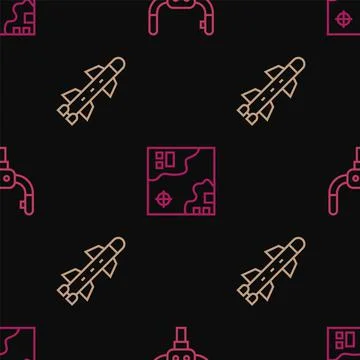 Set line Aircraft steering helm, Rocket and World travel map on seamless pattern Stock Illustration