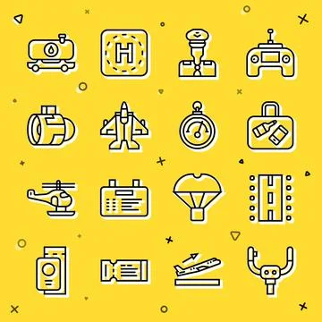 Set line Aircraft steering helm, Airport runway, Suitcase, Pilot, Jet fighter イラスト素材