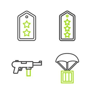 Set line Airdrop box, Submachine gun M3, Military rank and  icon. Vector イラスト素材