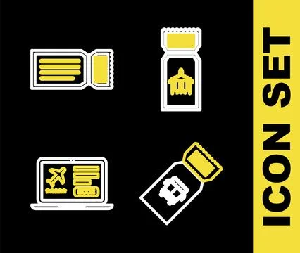 Set line Airline ticket, Bus, Laptop with and Ticket icon. Vector Stock Illustration