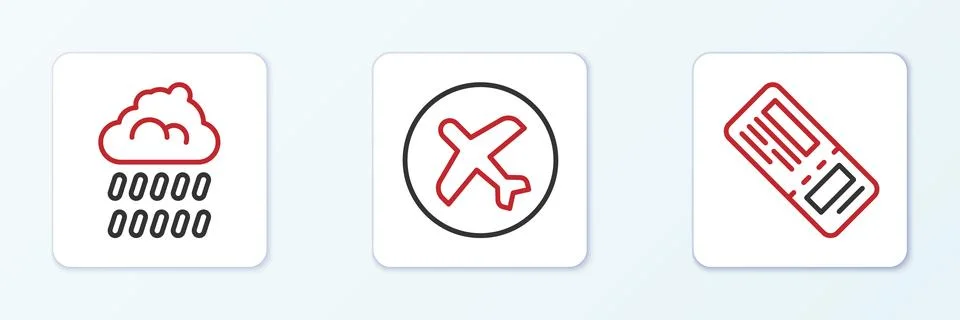 Set line Airline ticket, Cloud with rain and Plane icon. Vector Stockillustratie