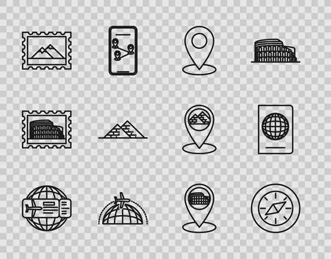 Set line Airline ticket, Compass, Map pin, Globe with flying plane, Postal stamp Stockillustratie