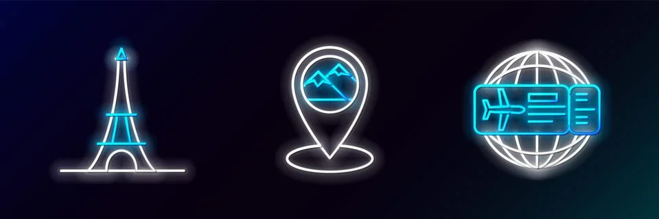 Set line Airline ticket, Eiffel tower and Map pointer with mountain icon. G.. Stock Illustration