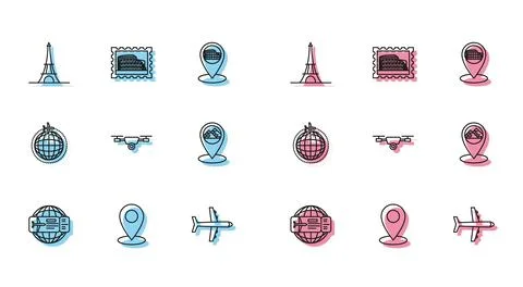 Set line Airline ticket, Map pin, Eiffel tower, Plane, Drone flying with acti Stock Illustration