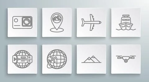 Set line Airline ticket, Map pointer with Egypt pyramids, Globe flying plan.. Illustrazione stock