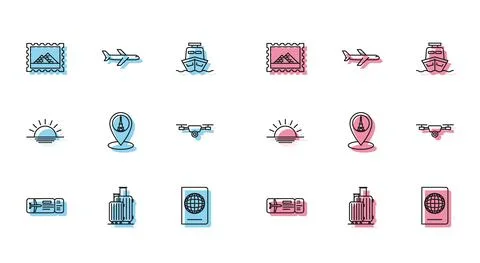 Set line Airline ticket, Suitcase for travel, Postal stamp and Egypt pyramids Stock Illustration