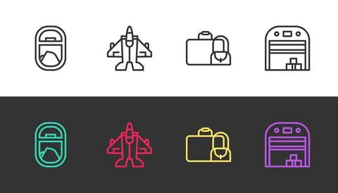 Set line Airplane window, Jet fighter, Suitcase and Aircraft hangar on black and Illustration