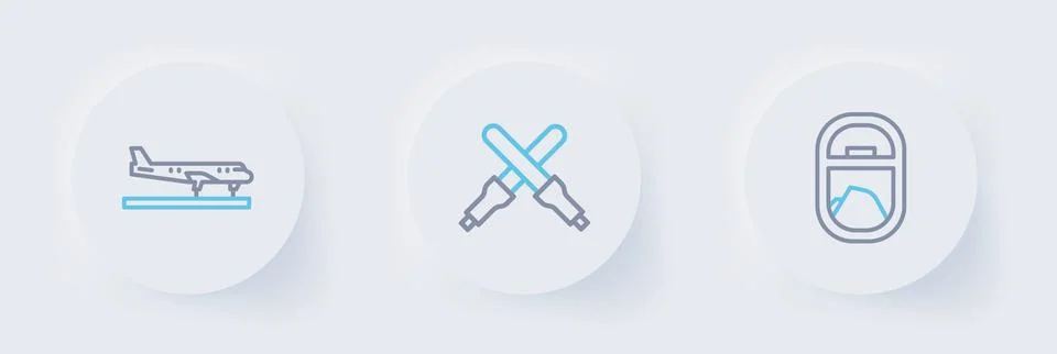Set line Airplane window, Marshalling wands and Plane icon. Vector Stock Illustration