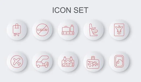 Set line Airplane window, Plane, Conveyor belt with suitcase, Suitcase, No Illustration