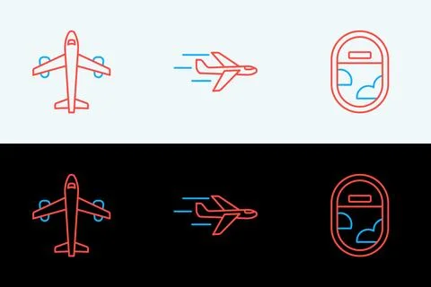 Set line Airplane window, Plane and  icon. Vector Stock Illustration