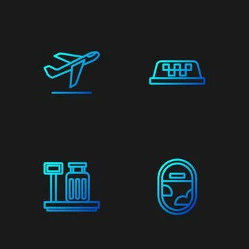 Set line Airplane window, Scale with suitcase, Plane takeoff and Taxi car r.. Stock Illustration